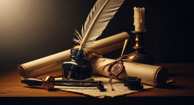 Vintage writing desk with quill pen inkwell scrolls candle