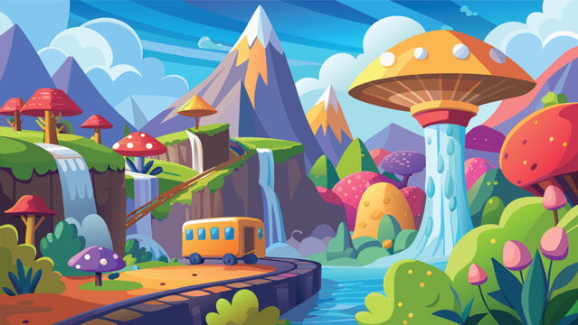 Whimsical mushroom landscape with train and waterfall during daytime in a vibrant fantasy world vector illustration