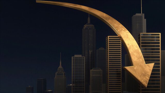 Golden arrow points down over city skyline symbolizing decline or