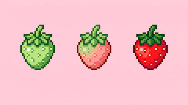 Pixel Art Strawberry Ripening Stages Fruit Growth Vector Illustration