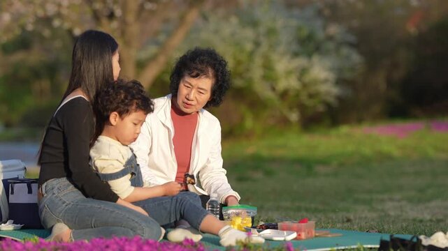 Soft sunlight falls on a green park. Three people sit close on a blanket. Child leans toward an older woman. The child smiles at her, showing trust. Woman watches them with a warm gaze