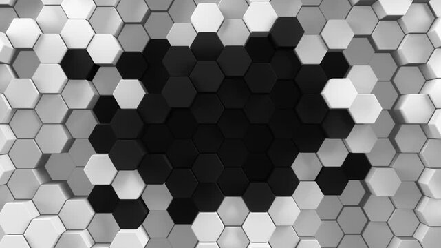 3d rendered background of patterned hexagons. High contrast black and white hex shapes moving in a loop. 3d render of random hexagonal patterns for futuristic, scientific, or technical backgrounds.