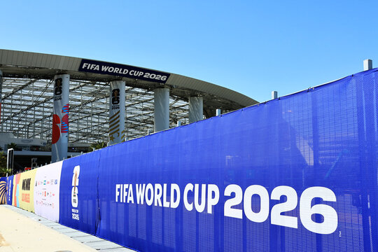 Inglewood, Los Angeles County, California &ndash; June 9, 2026: FIFA World Cup 2026 event branding displayed outside SoFi Stadium in Inglewood, California 