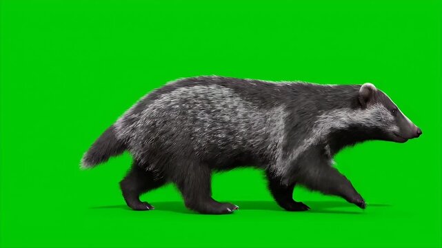 European badger walking across a green screen background for wildlife video project.