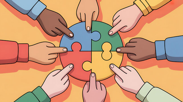 Diverse hands assembling colorful puzzle pieces together, symbolizing teamwork and unity diversity