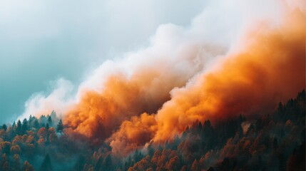 Obraz premium Majestic Orange and White Clouds Rolling Over Autumn Forest Landscape at Dawn with Misty Valleys and Vibrant Fall Foliage Surrounding Mountain Peaks