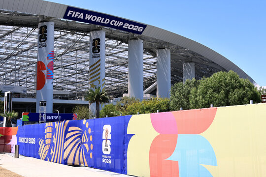 Inglewood, Los Angeles County, California &ndash; June 9, 2026: Exterior view of SoFi Stadium with FIFA World Cup 2026 branding, modern sports and entertainment venue 