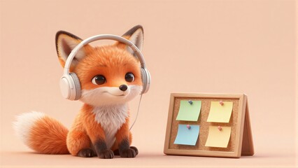 Fototapeta premium Cute fox with headphones sits beside colorful sticky notes on a