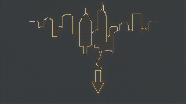 Golden city skyline collapses into downward arrow symbolizing