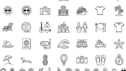 Fototapeta premium Black and white line set travel vacation hotel beach sun and surf