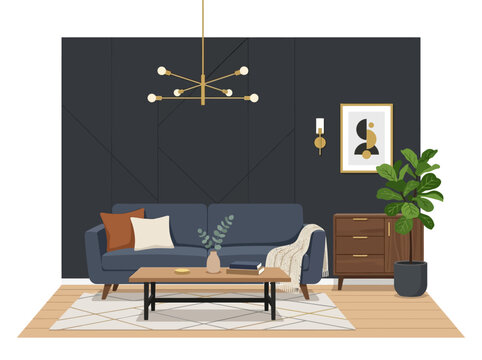  sofa, gold nuances and selected charcoal wallpaper