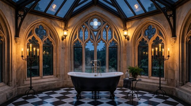 Luxurious Gothic Bathroom with Vintage Clawfoot Tub and Night Sky Glass Roof