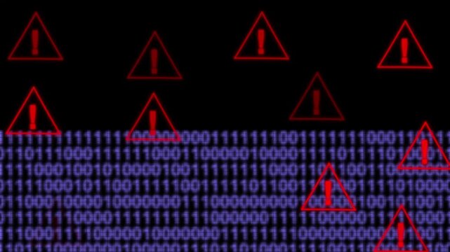 Digital security warning concept with white exclamation mark icon and binary code background representing cyber threats and data breach warning icon animation 