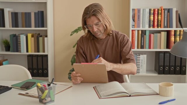 Young blond man student sitting at desk with open book, clipboard, pen and glasses, hand pressed to forehead in a building; frustration.