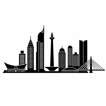 Black silhouette of Jakarta city skyline landmark buildings.