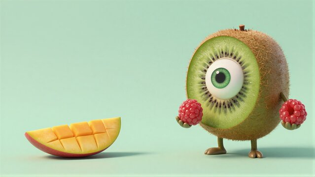 A cute kiwi character holds raspberries smiling beside a sliced mango.