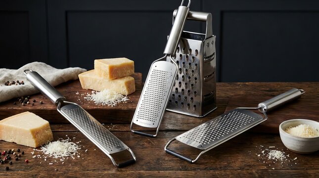 Assorted Stainless Steel Kitchen Graters with Parmesan Cheese on Wooden Table.