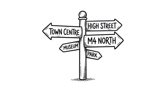 Hand Drawn Signpost with Arrows Pointing to Town Centre, High Street, Museum, Park, M4 North