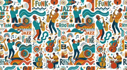 Vibrant Jazz Music Pattern with Musicians and Instruments © mus