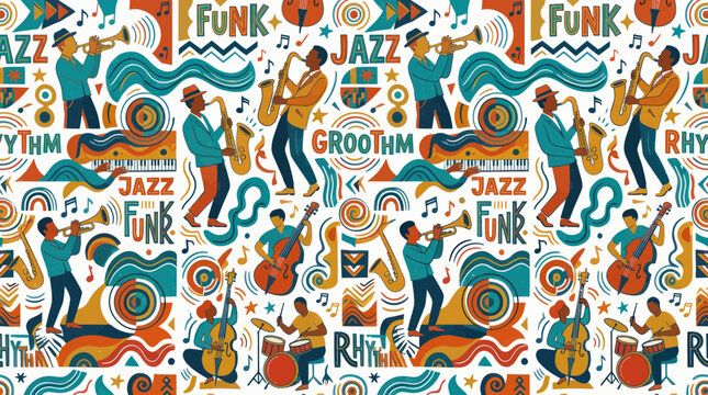 Vibrant Jazz Music Pattern with Musicians and Instruments