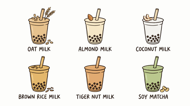 Set of hand drawn bubble tea drinks with various plant based milk alternatives.