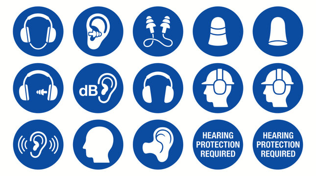 Set of hearing protection required safety sign icons.