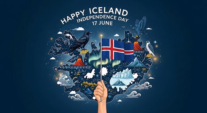 Celebrating Iceland's National Day with a vibrant illustration showcasing iconic landscapes, native wildlife, and the national flag, symbolizing independence and cultural heritage