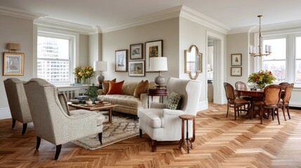 Fototapeta premium Elegant and Cozy Living Room with Stylish Furniture and Warm Decor in Bright Apartment Interior Design