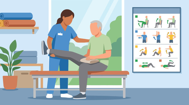 Vector illustration of a nurse in blue scrubs assisting a senior man with leg stretching exercises on a medical bench in a rehabilitation clinic with exercise wall charts.