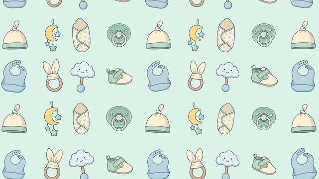 Animation seamless pattern featuring various illustrated baby accessories like bibs, shoes, rattles and pacifiers for kids