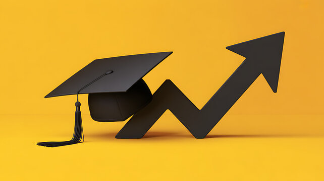 Black graduation cap and tassel with zigzag arrow on yellow background