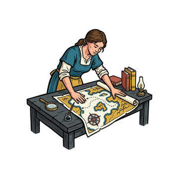 Cartographer flattening map on desk
