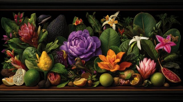 Vibrant assemblage of exotic flora and ripe tropical fruits displayed against a deep, dark background