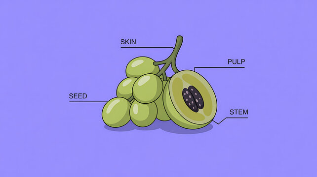 Labeled green grapes with stem on purple background, anatomy of a grape fruit