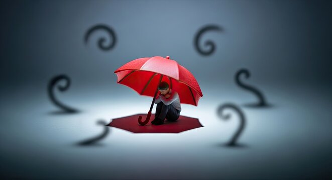 A solitary figure sits beneath a large, red umbrella in a blurred, swirling background. The person, dressed in a dark suit, appears small and vulnerable against the chaotic, abstract shapes.