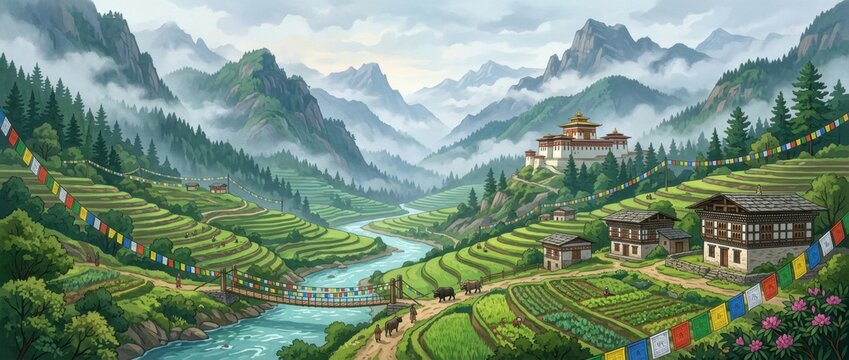 Panoramic Bhutanese valley with prayer flags, river, and traditional farm