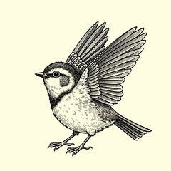 Detailed Hand-Drawn Illustration of a Small Bird with Spread Wings. © meychan