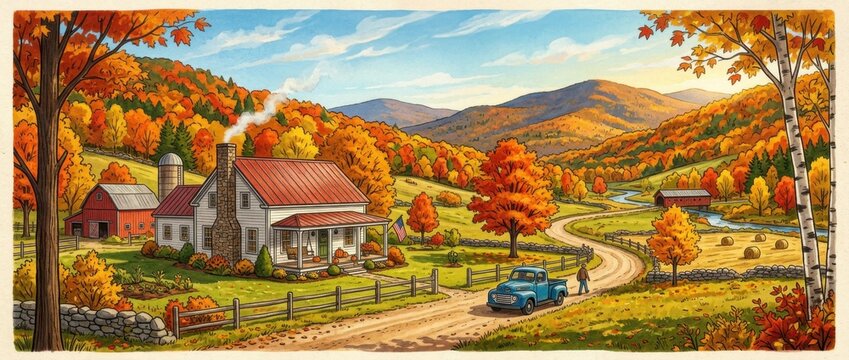 Watercolor illustration of a charming autumn farm scene with house, barn, truck, and vibrant fall foliage covering rolling mountains.