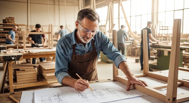 An experienced craftsman meticulously examines a detailed woodworking plan. He wears safety glasses and a denim apron, focused intently on the blueprint.