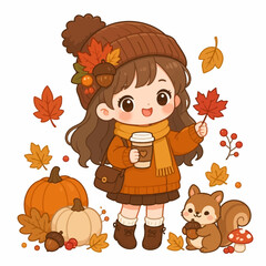 Chibi girl holding coffee with squirrels and pumpkins. © Eleven Lab