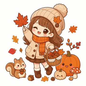 Chibi girl holding basket and leaf in autumn garden.