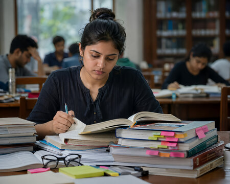 Focused Indian Woman UPSC Civil Services Study Public Library Books Concentration
