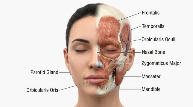An anatomical illustration depicts a woman's face with several facial muscles and bones highlighted.
