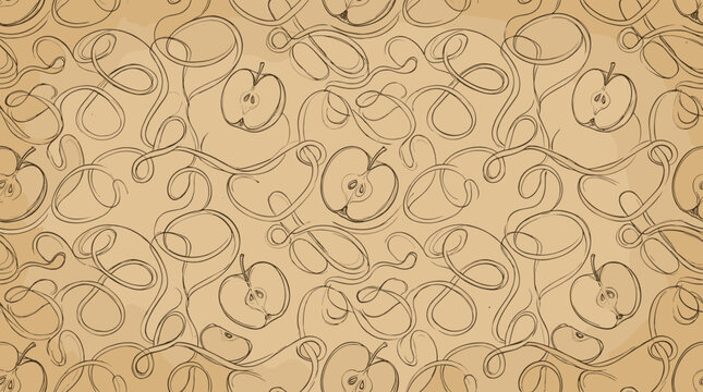 Seamless pattern of apples and swirling vines in a vintage sketch style on a textured background