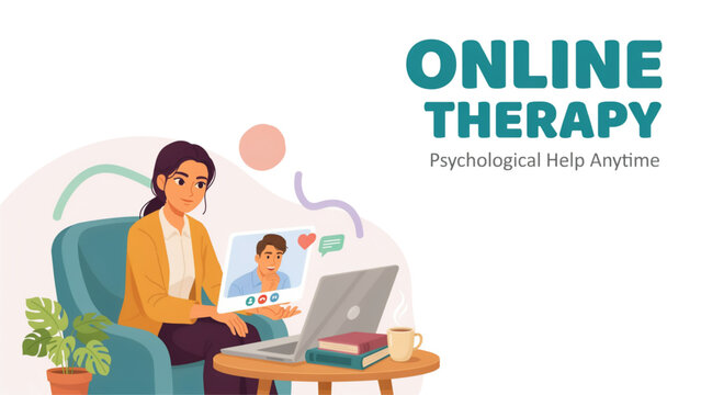 Woman receiving online therapy session with counselor on laptop in cozy home setting