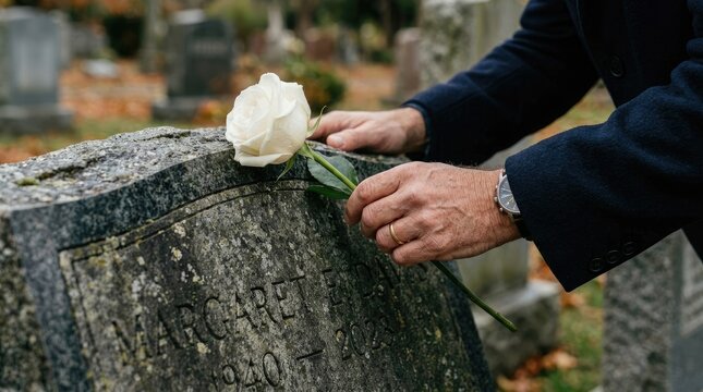 A man in a dark suit gently places a white rose on a weathered tombstone. The tombstone bears the inscription "Margaret Davis 1940-2021".