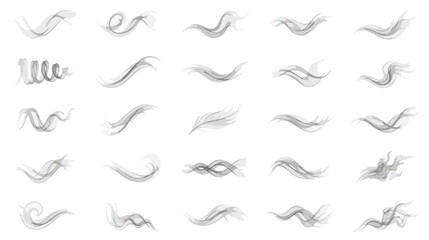 Abstract smoke waves collection, 25 grey steam and vapor trail vector elements, flowing cigarette smoke swirls on white background © Sidra