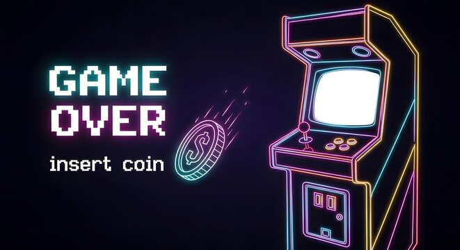 Retro arcade game over screen with neon coin and text