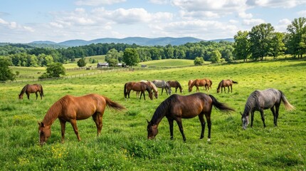 Obraz premium A group of horses graze peacefully in a lush green pasture under a bright blue sky dotted with fluffy white clouds. Rolling hills and distant mountains form the background.