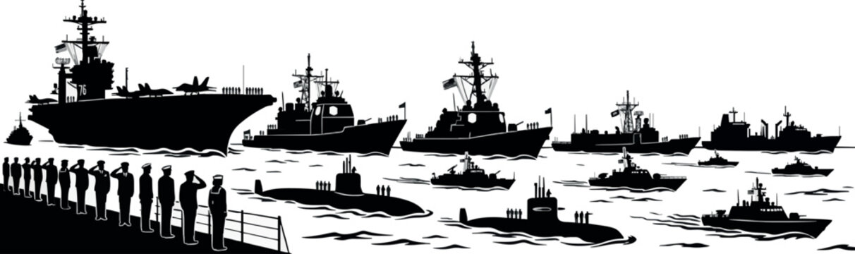 Navy ships, warships, military vessels, fleet, naval boats, black silhouette icons